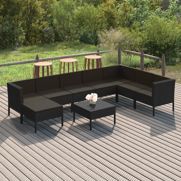 Salon de jardin 9 pcs avec coussins Résine tressée Noir