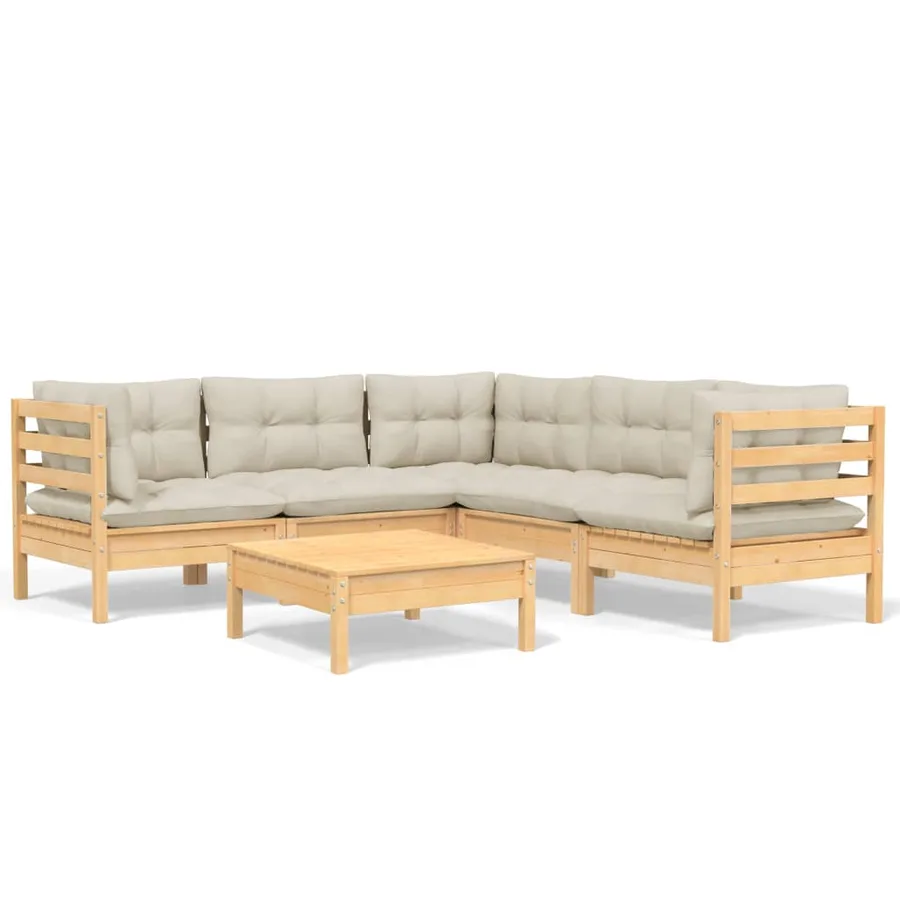 Salon de jardin 6 pcs avec coussins crème Bois de pin massif - 2