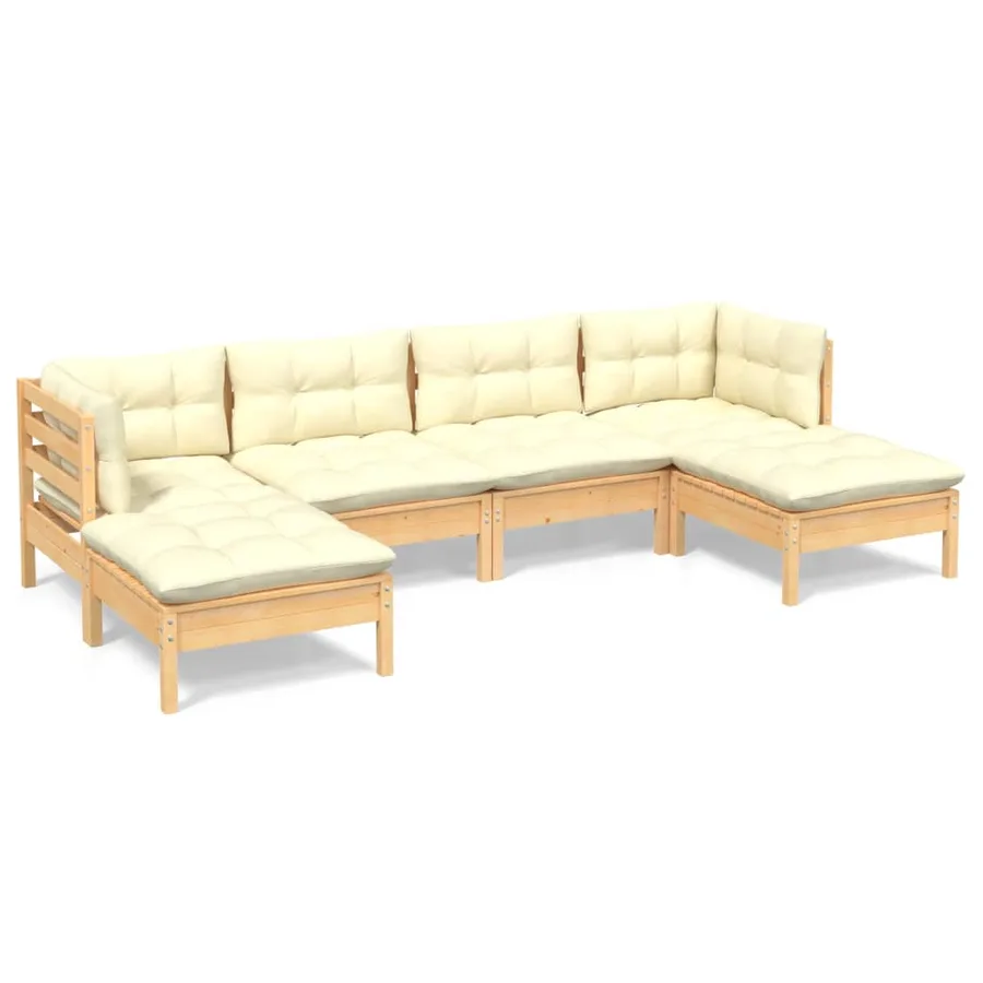 Salon de jardin 6 pcs avec coussins crème bois de pin - 2