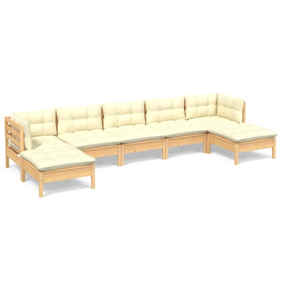 Salon de jardin 7 pcs avec coussins crème bois de pin - 2