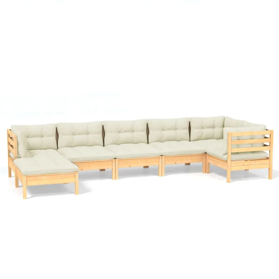 Salon de jardin 7 pcs avec coussins crème bois de pin massif - 2