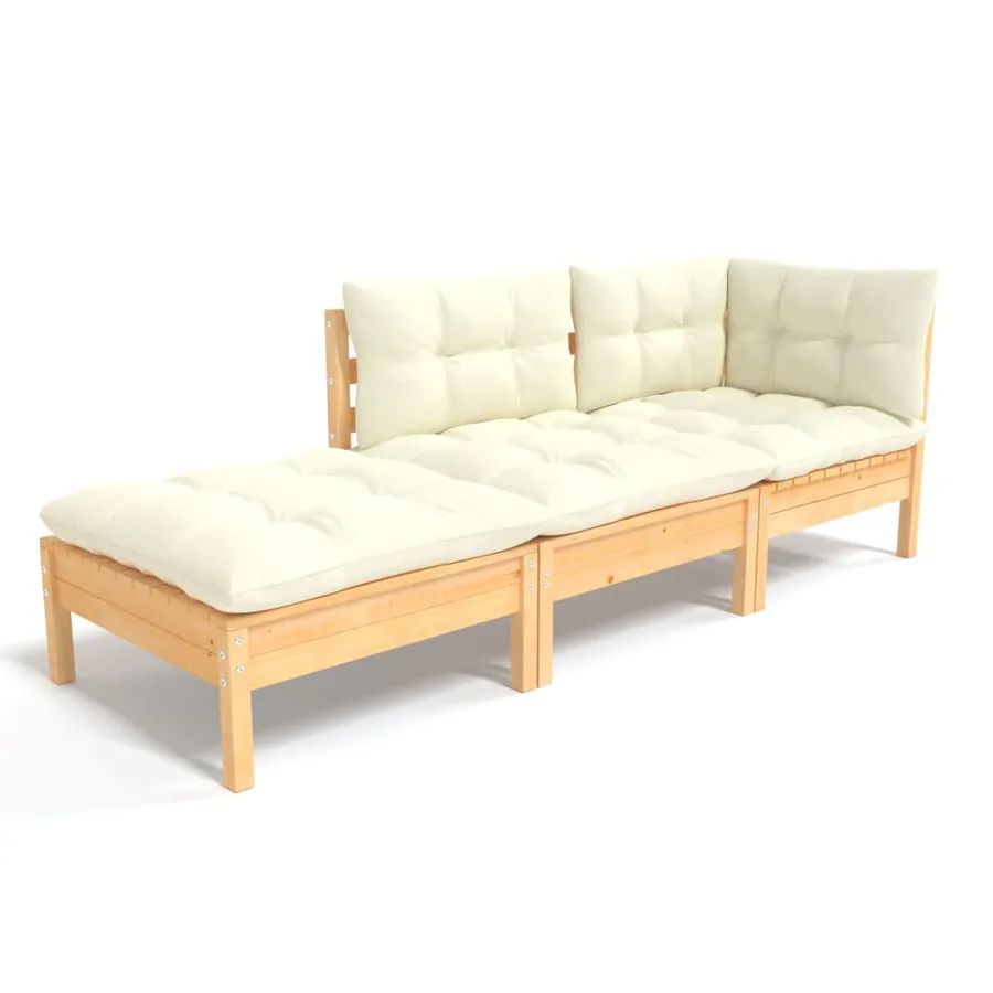 Salon de jardin 3 pcs avec coussins crème Bois de pin massif - 2