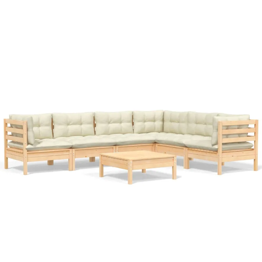 Salon de jardin 7 pcs avec coussins crème bois de pin massif - 2