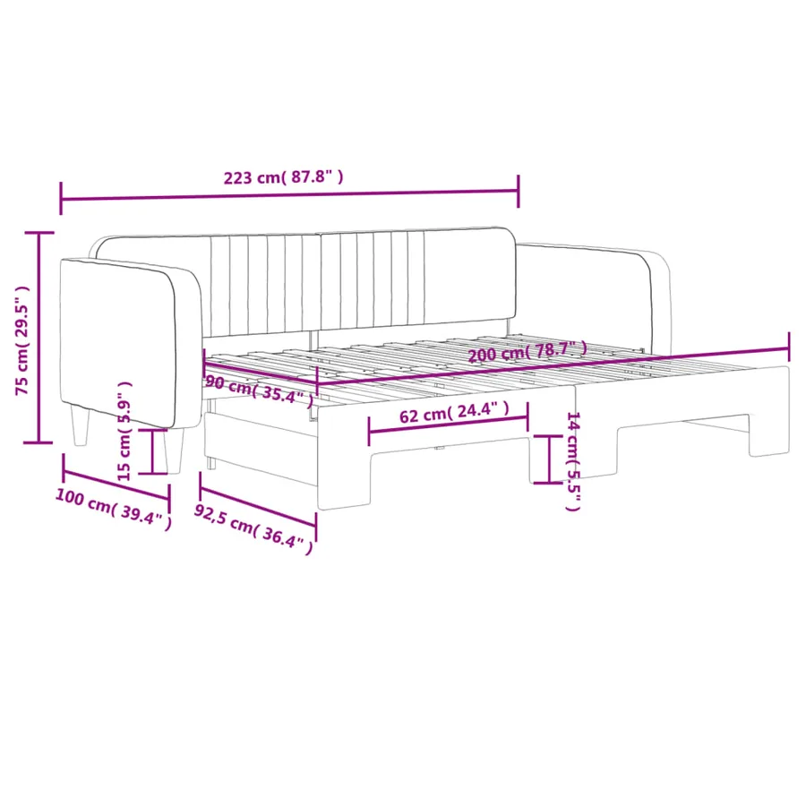 Lit de jour avec gigogne sans matelas gris clair 90x200 cm - 11