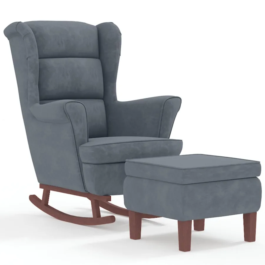 Fauteuil à bascule à oreilles en velours gris foncé bois massif - 2
