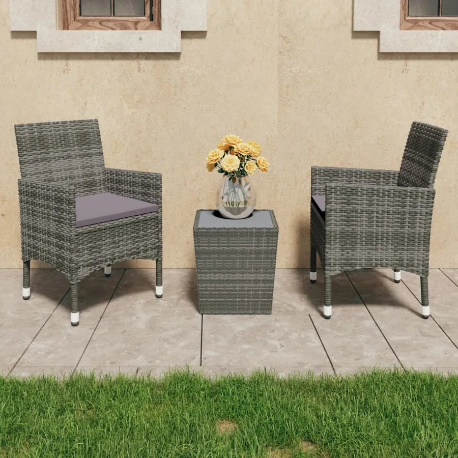 Ensemble de bistro 3 pcs Résine tressée et verre trempé Gris