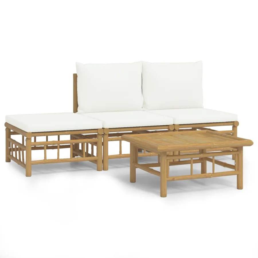 Salon de jardin 4 pcs avec coussins blanc crème bambou - 2