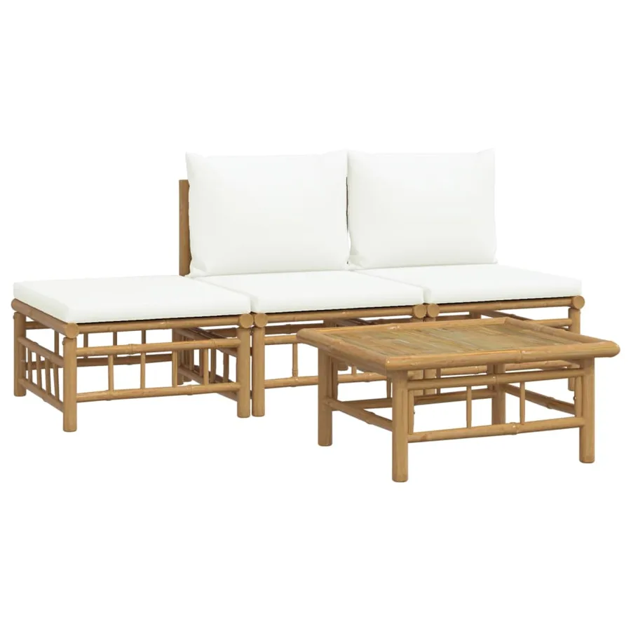 Salon de jardin 4 pcs avec coussins blanc crème bambou - 3
