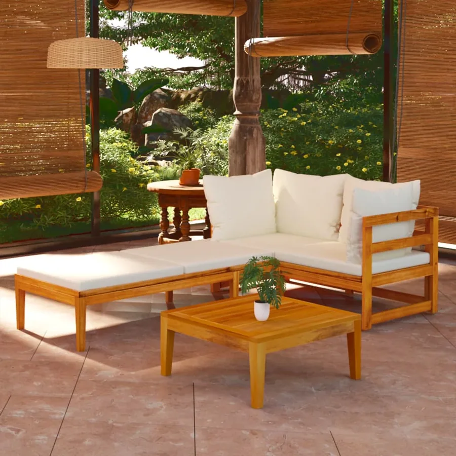 Salon de jardin 3 pcs avec coussins blanc crème Bois d'acacia