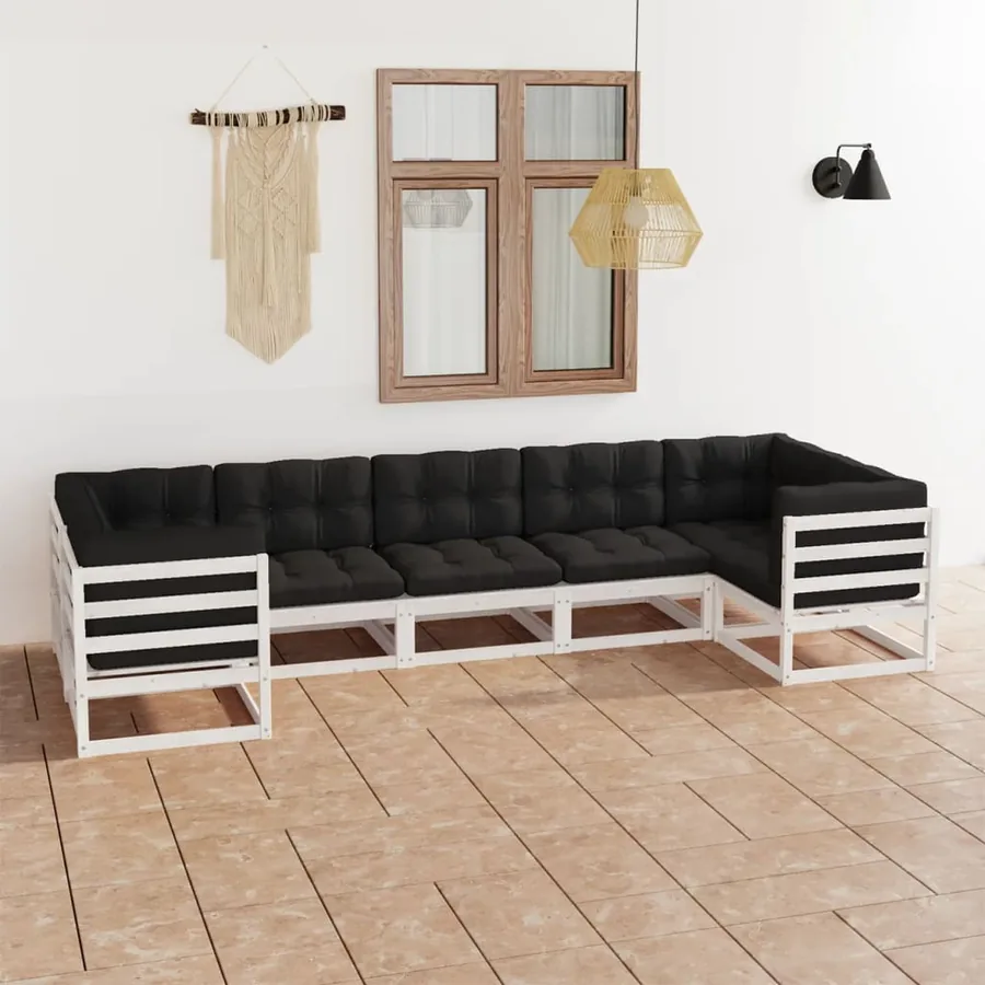 Salon de jardin 7 pcs avec coussins blanc bois de pin massif