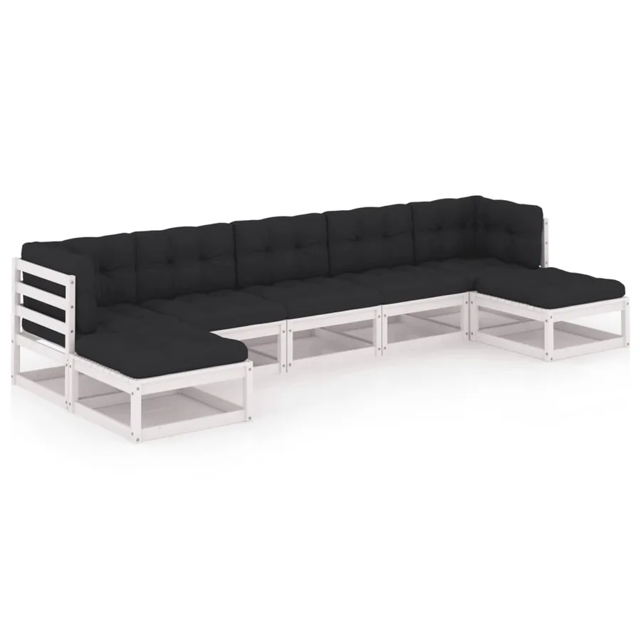 Salon de jardin 7 pcs avec coussins blanc bois de pin massif - 2