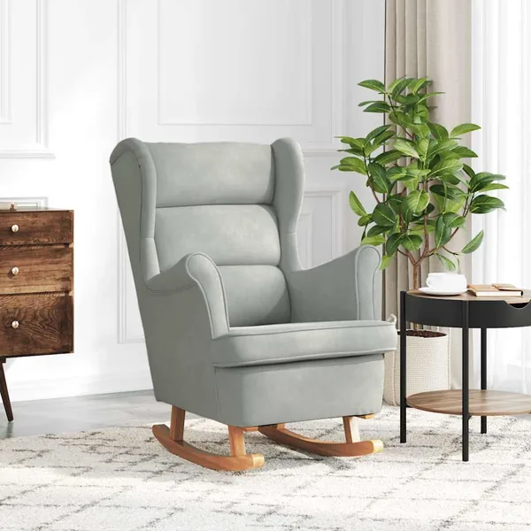 Fauteuil à bascule à oreilles en velours gris clair bois massif