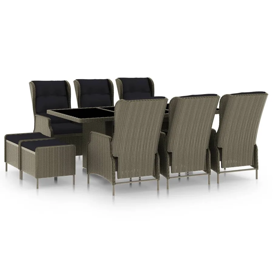 Ensemble à manger d'extérieur et coussins 9 pcs résine tressée