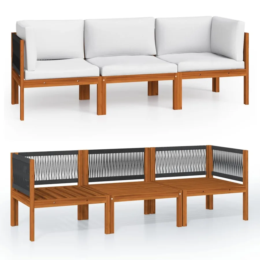 Canapé de jardin 3 places avec coussin en bois d'acacia et corde - 2
