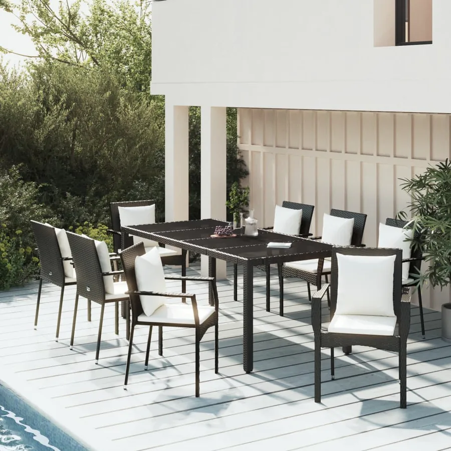 Ensemble à manger jardin 9pcs et coussins noir résine tressée