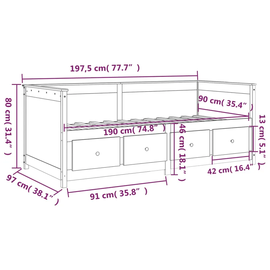 Lit de jour sans matelas 90x190 cm bois de pin massif - 13