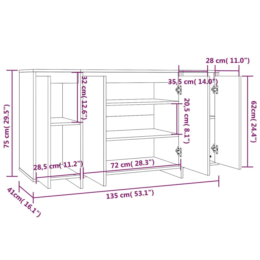 Buffet blanc brillant 135x41x75 cm bois d'ingénierie - 8