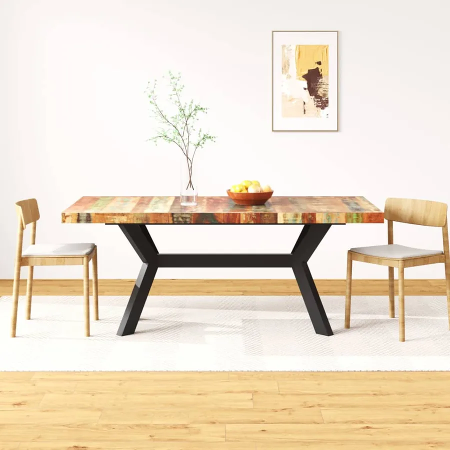 Table à manger Bois récupération massif et croix en acier 180cm