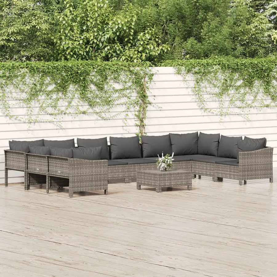 Salon de jardin 11 pcs avec coussins Gris Résine tressée