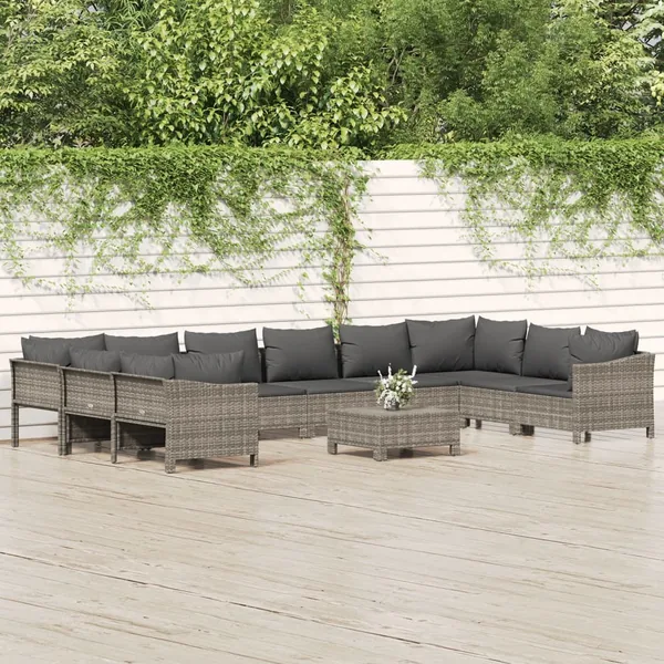 Salon de jardin 11 pcs avec coussins Gris Résine tressée