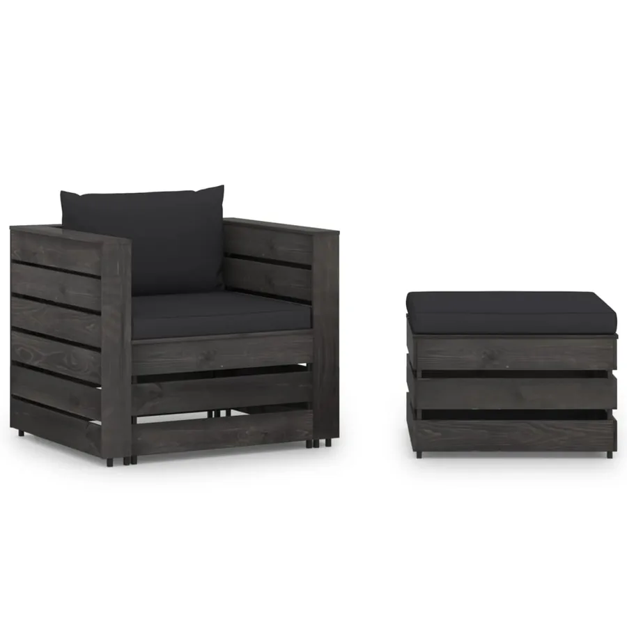 Salon de jardin 2 pcs avec coussins Bois imprégné de gris