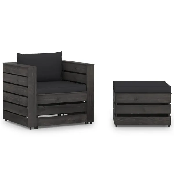 Salon de jardin 2 pcs avec coussins Bois imprégné de gris