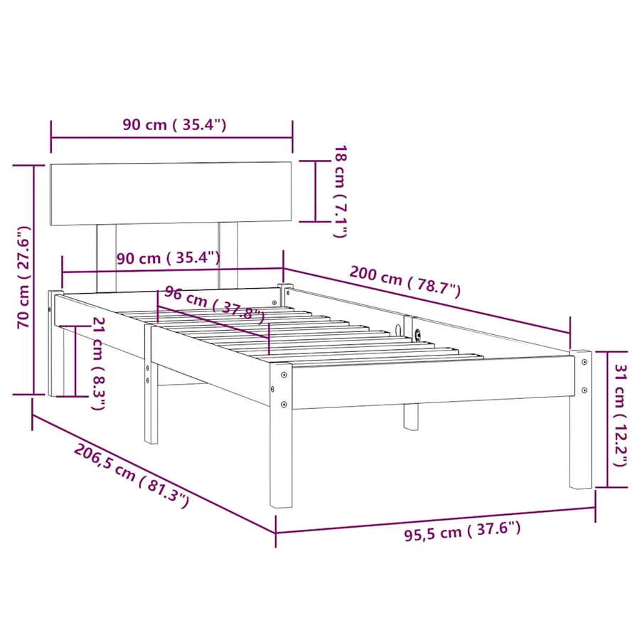 Cadre de lit sans matelas bois massif 90x200 cm - 9