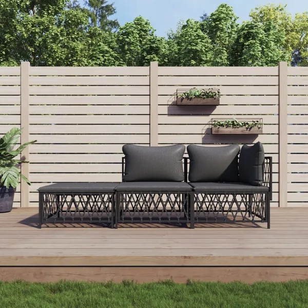Salon de jardin avec coussins 3 pcs anthracite acier
