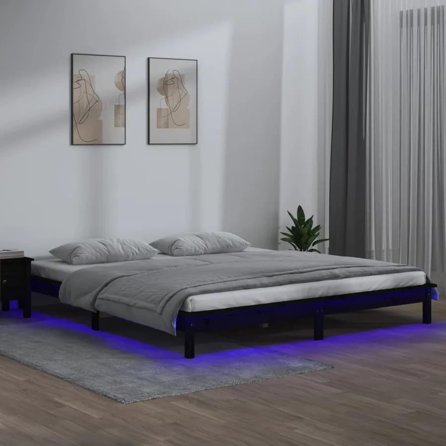 Cadre de lit à LED sans matelas noir 160x200 cm bois massif