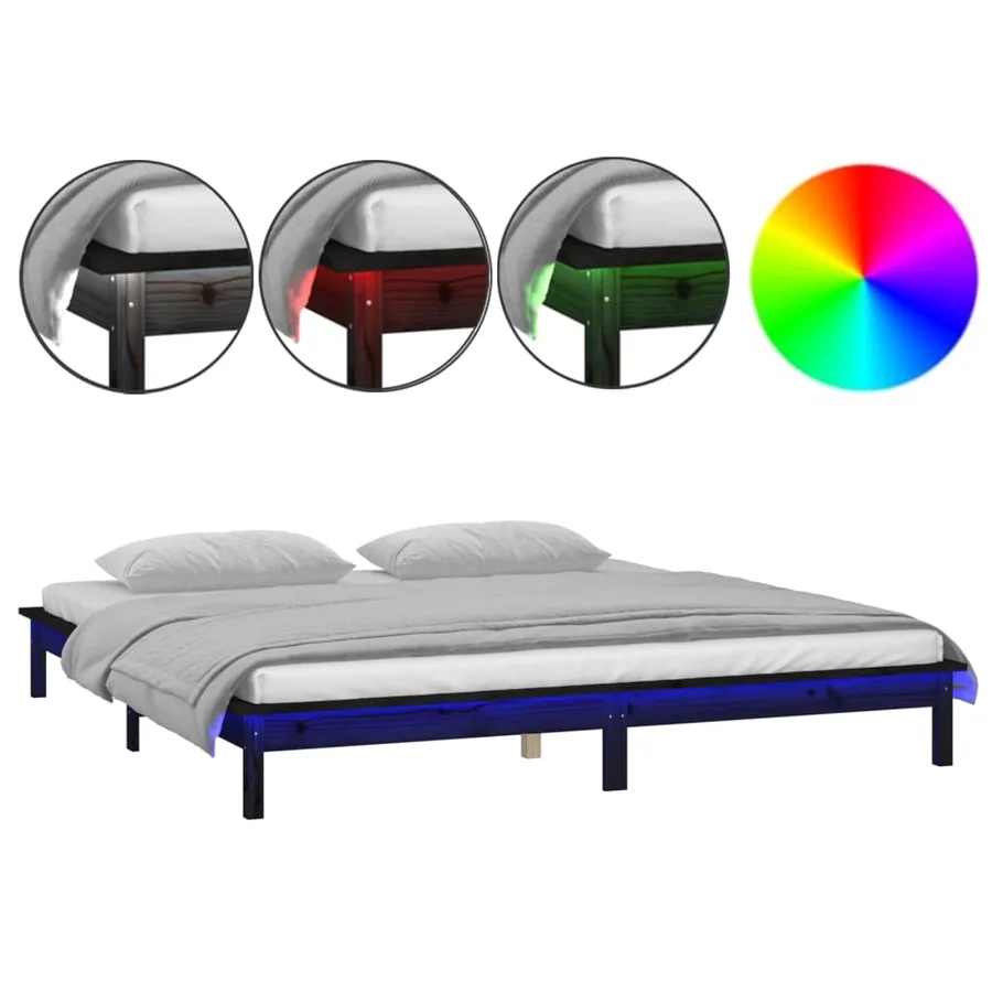 Cadre de lit à LED sans matelas noir 160x200 cm bois massif - 2