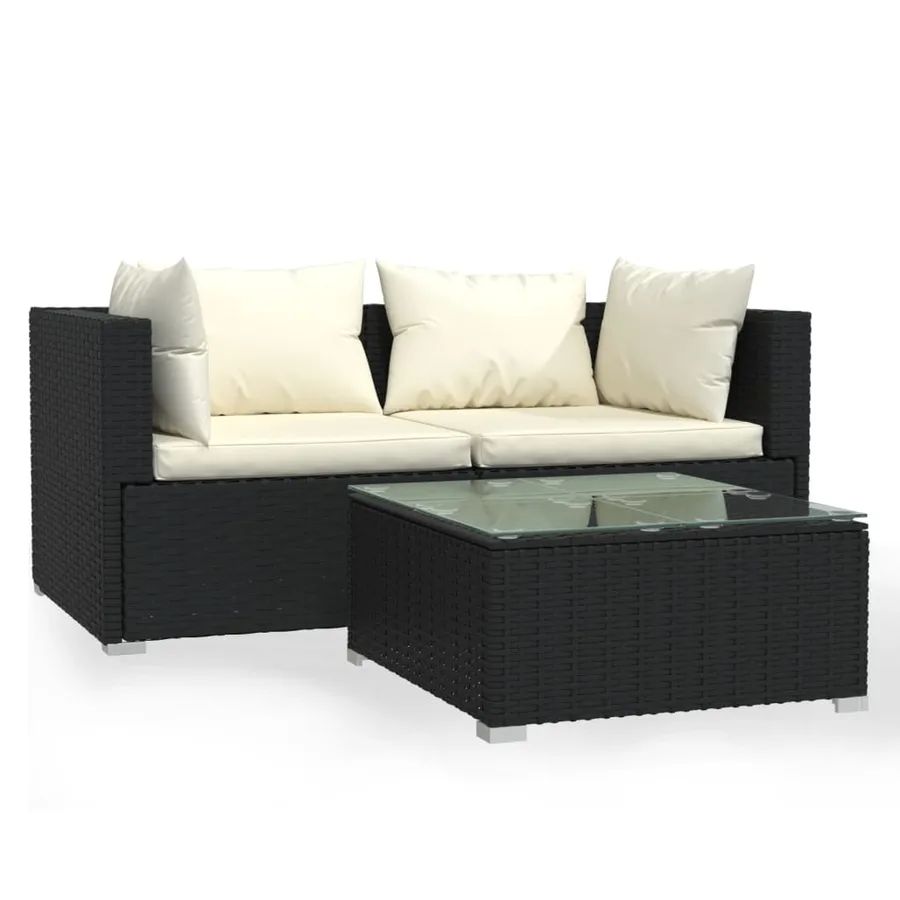 Salon de jardin 3 pcs avec coussins Noir Résine tressée - 2