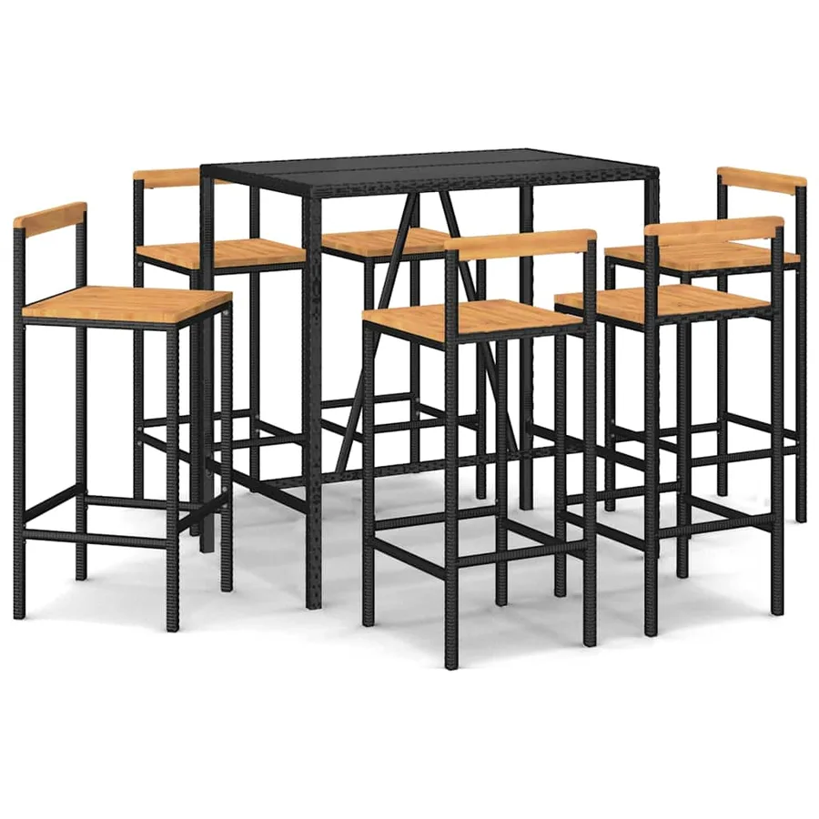 Ensemble de bar jardin 7 pcs noir poly rotin/bois massif acacia - 2