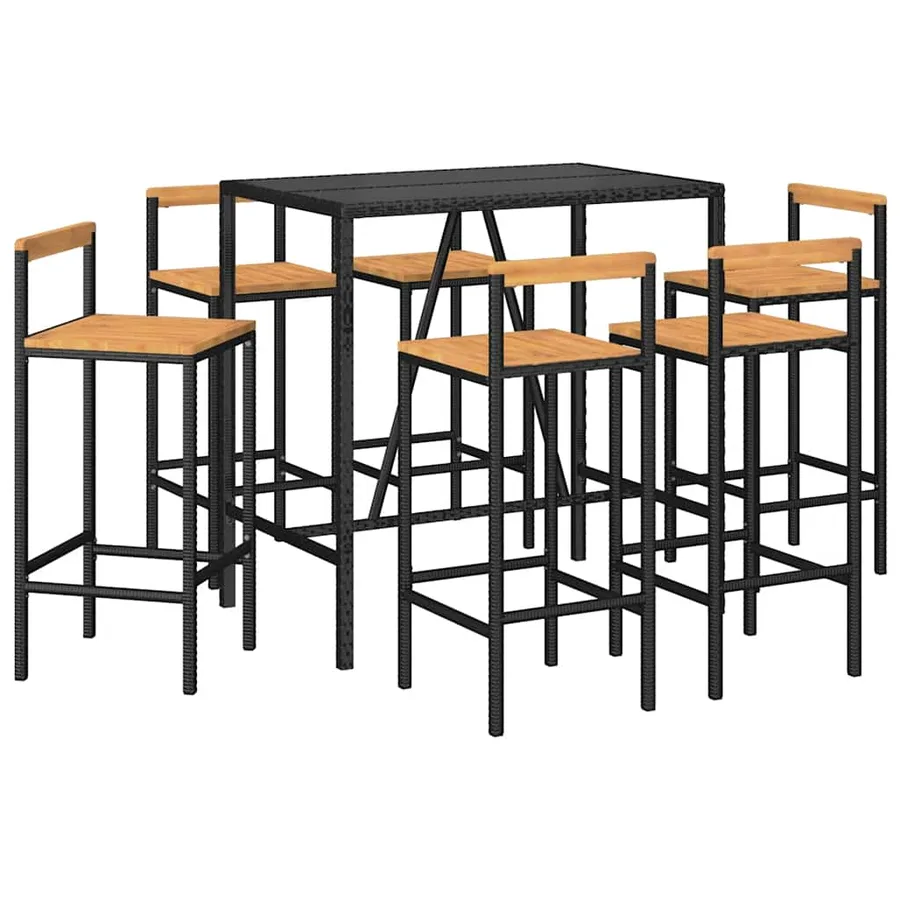 Ensemble de bar jardin 7 pcs noir poly rotin/bois massif acacia - 3