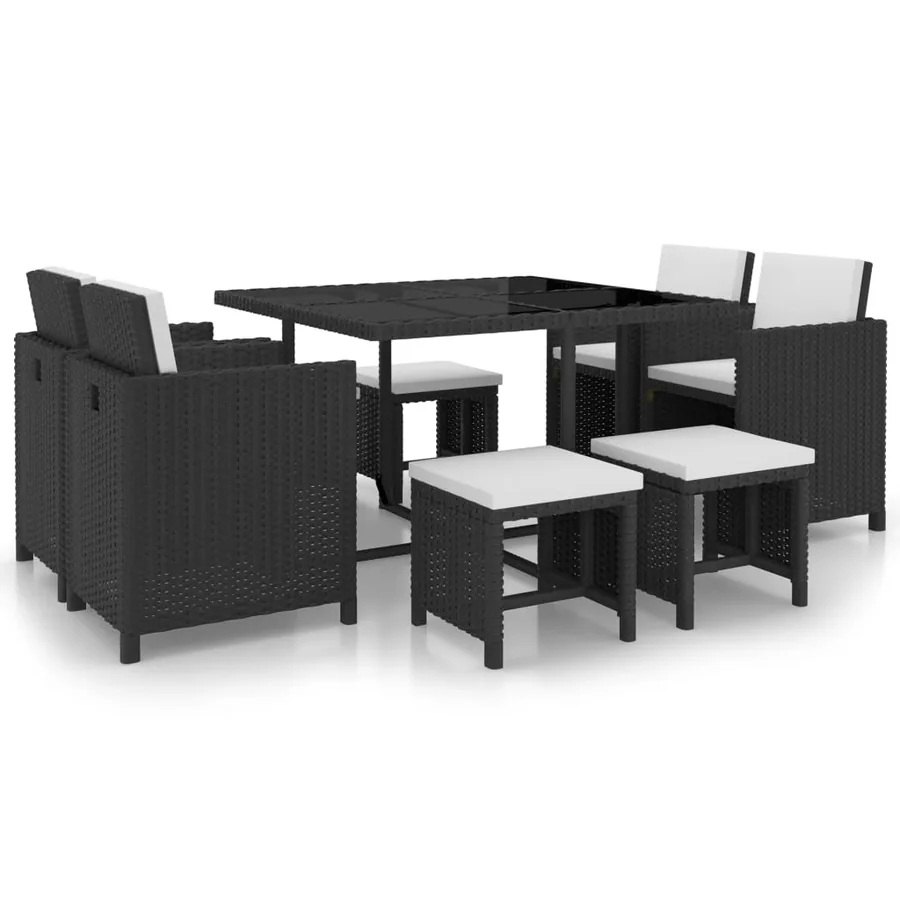 Ensemble à manger d’extérieur 9 pcs coussin Résine tressée Noir