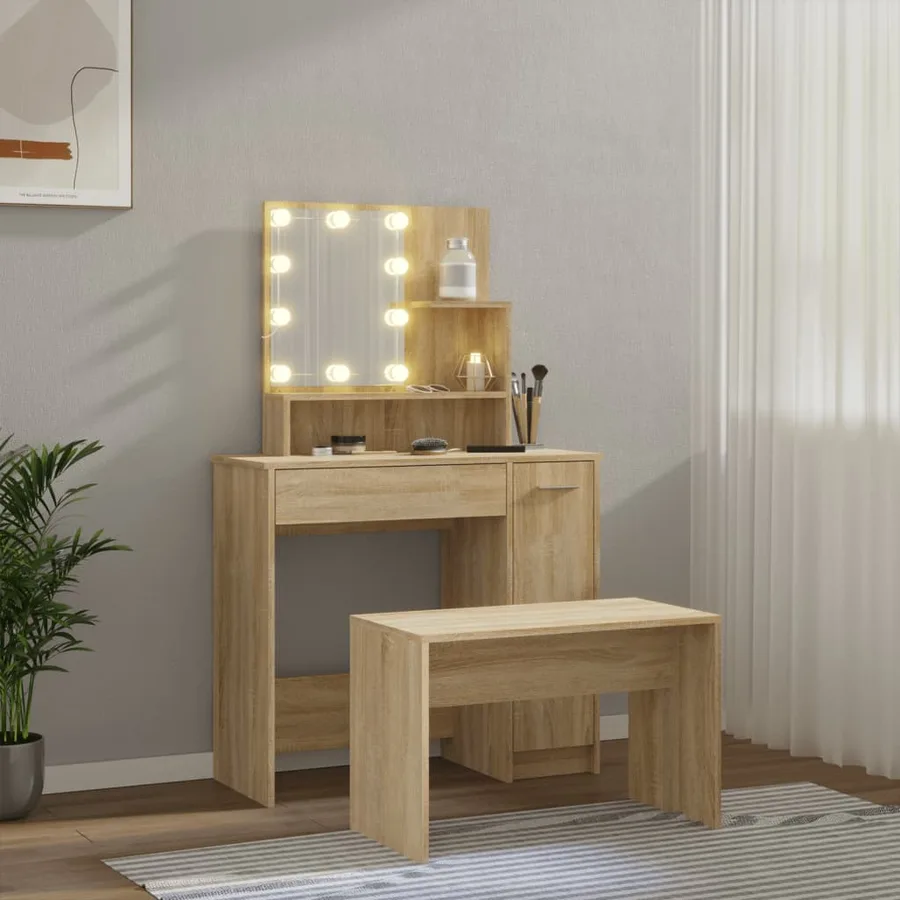 Ensemble de coiffeuse avec LED Chêne sonoma Bois d'ingénierie - 3