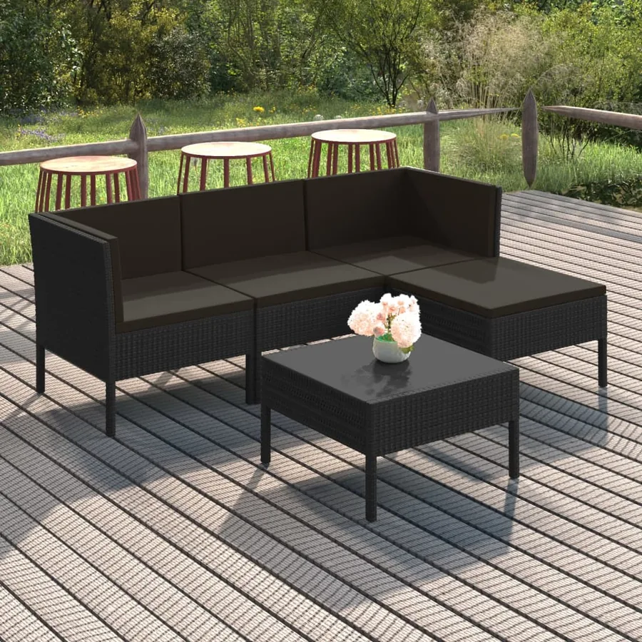 Salon de jardin 5 pcs avec coussins résine tressée noir