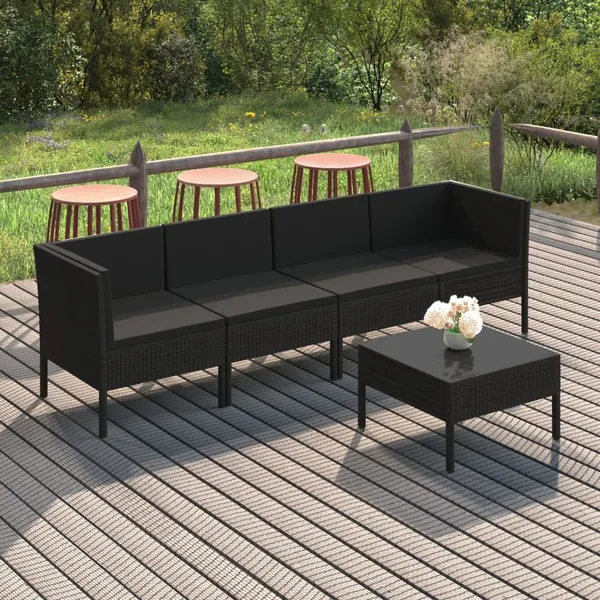 Salon de jardin 5 pcs avec coussins résine tressée noir