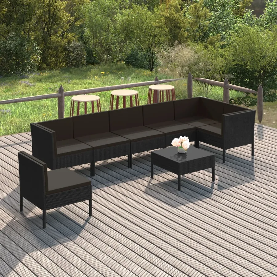 Salon de jardin 8 pcs avec coussins résine tressée noir
