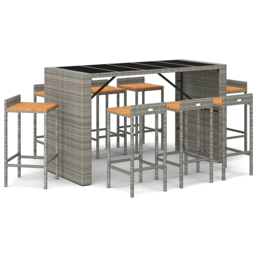 Ensemble de bar jardin 9 pcs gris poly rotin/bois massif acacia - 2