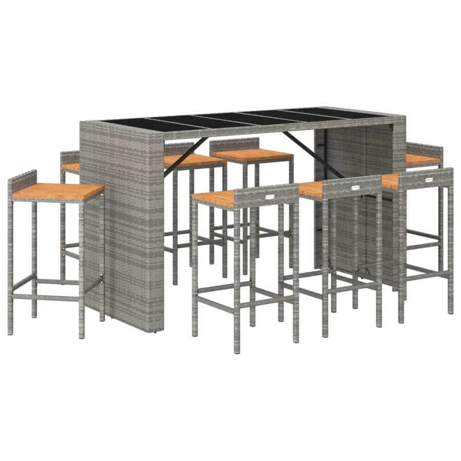 Ensemble de bar jardin 9 pcs gris poly rotin/bois massif acacia - 3