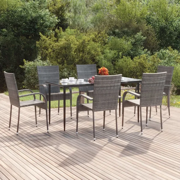 Ensemble à manger de jardin 7 pcs Gris Résine tressée