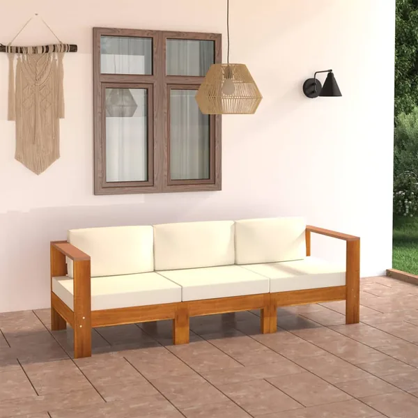 Canapé de jardin 3 places et coussins blanc crème Bois d'acacia