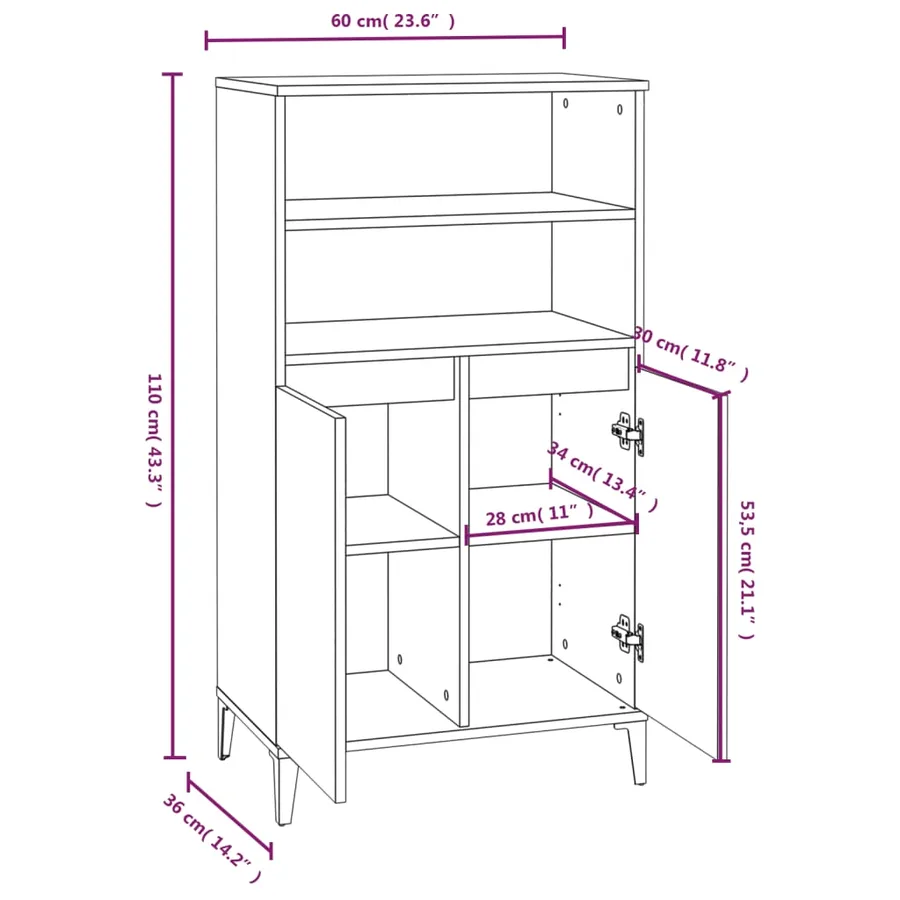 Buffet haut Blanc brillant 60x36x110 cm Bois d'ingénierie - 9