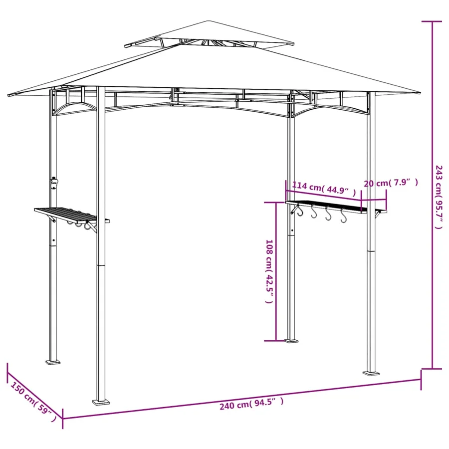 Gazebo BBQ et étagères latérales anthracite 240x150x243cm acier - 8