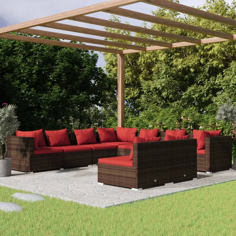 Salon de jardin avec coussins 9 pcs marron résine tressée