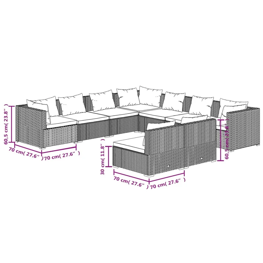 Salon de jardin avec coussins 9 pcs marron résine tressée - 7