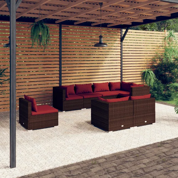Salon de jardin 8 pcs avec coussins Résine tressée Marron