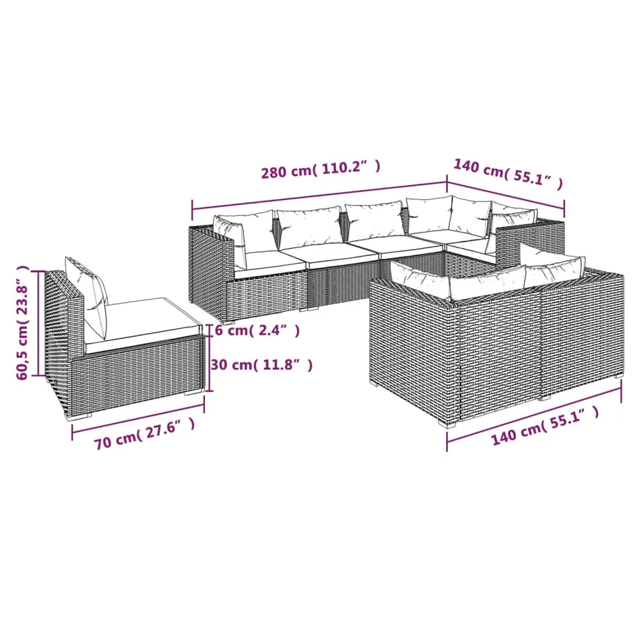 Salon de jardin 8 pcs avec coussins Résine tressée Marron - 5