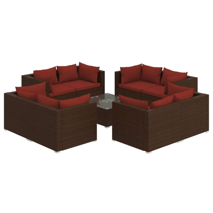 Salon de jardin 9 pcs avec coussins résine tressée marron - 2