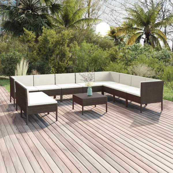 Salon de jardin 11 pcs avec coussins Résine tressée Marron